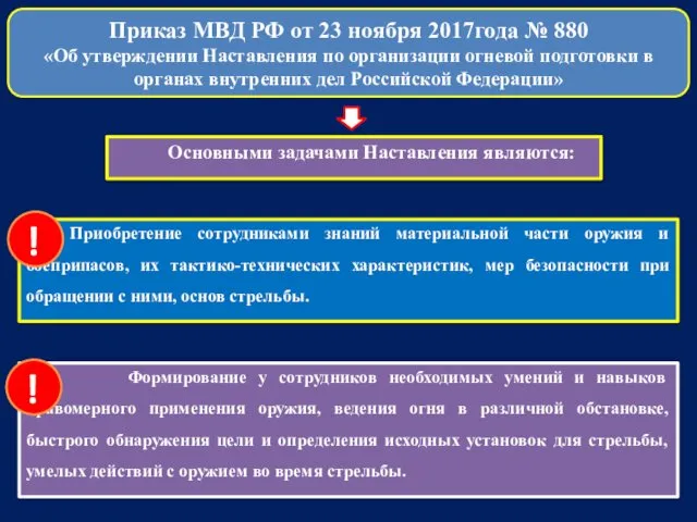 Основными задачами Наставления являются: Приобретение сотрудниками знаний материальной части оружия