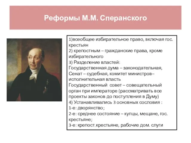 Реформы М.М. Сперанского 1)всеобщее избирательное право, включая гос.крестьян 2) крепостным