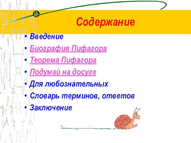 Содержание Введение Биография Пифагора Теорема Пифагора Подумай на досуге Для любознательных Словарь терминов, ответов Заключение