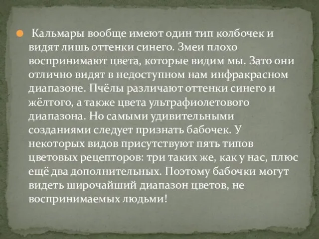 Кальмары вообще имеют один тип колбочек и видят лишь оттенки