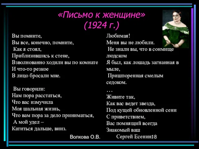 Волкова О.В. «Письмо к женщине» (1924 г.) Вы помните, Вы все, конечно, помните,