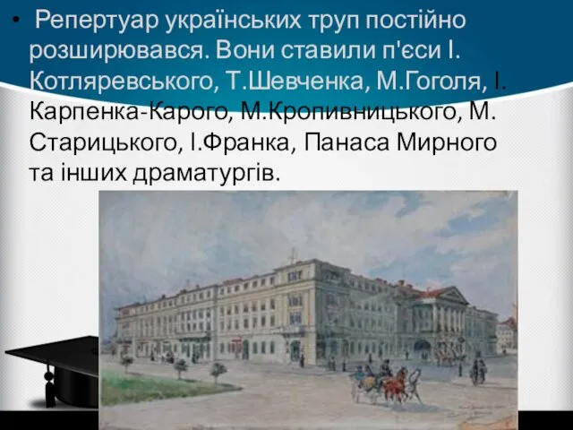 Репертуар українських труп постійно розширювався. Вони ставили п'єси І.Котляревського, Т.Шевченка,