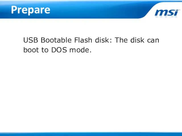 Prepare USB Bootable Flash disk: The disk can boot to DOS mode.