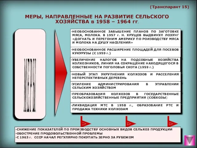 (Транспарант 15) МЕРЫ, НАПРАВЛЕННЫЕ НА РАЗВИТИЕ СЕЛЬСКОГО ХОЗЯЙСТВА в 1958