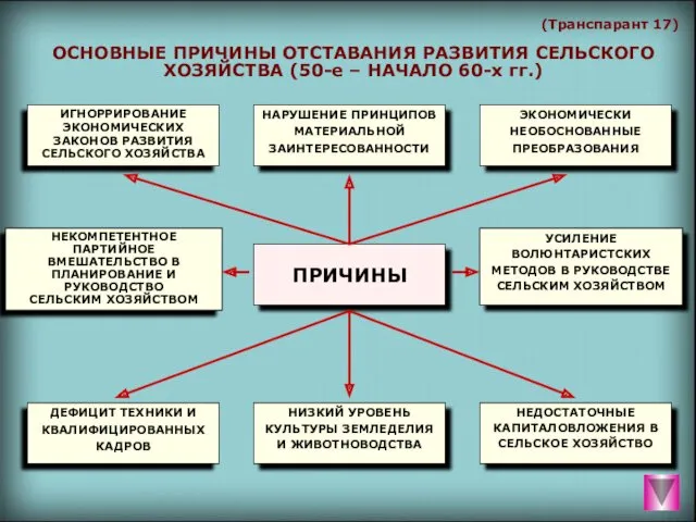 (Транспарант 17) ОСНОВНЫЕ ПРИЧИНЫ ОТСТАВАНИЯ РАЗВИТИЯ СЕЛЬСКОГО ХОЗЯЙСТВА (50-е – НАЧАЛО 60-х гг.) ПРИЧИНЫ