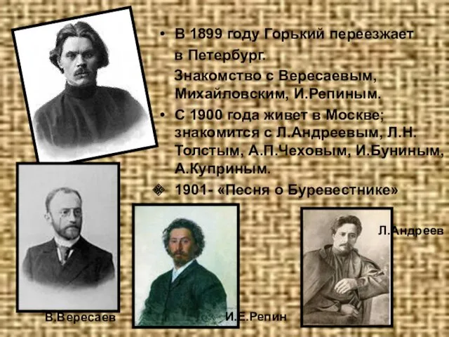 В 1899 году Горький переезжает в Петербург. Знакомство с Вересаевым,