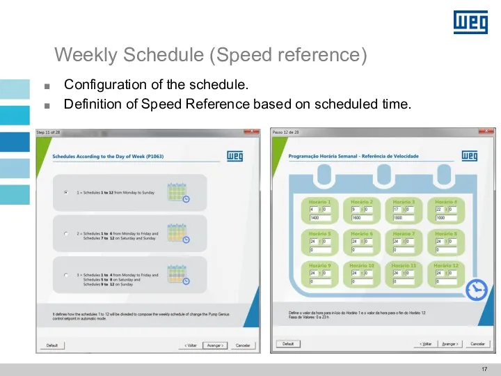 Configuration of the schedule. Definition of Speed Reference based on scheduled time. Weekly Schedule (Speed reference)