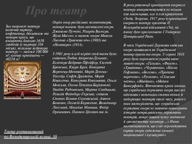 Про театр Зал оперного театру включав партер, амфітеатр, бельетаж та