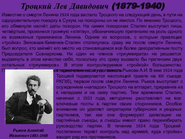 Троцкий Лев Давидович (1879-1940) . Известие о смерти Ленина 1924 года застало Троцкого