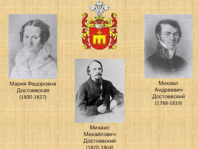 Мария Федоровна Достоевская (1800-1837) Михаил Андреевич Достоевский (1788-1839) Михаил Михайлович Достоевский (1820-1864)