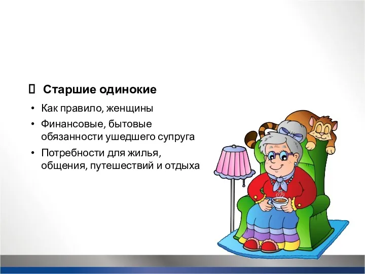 Старшие одинокие Как правило, женщины Финансовые, бытовые обязанности ушедшего супруга