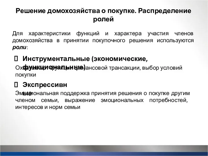 Решение домохозяйства о покупке. Распределение ролей Для характеристики функций и