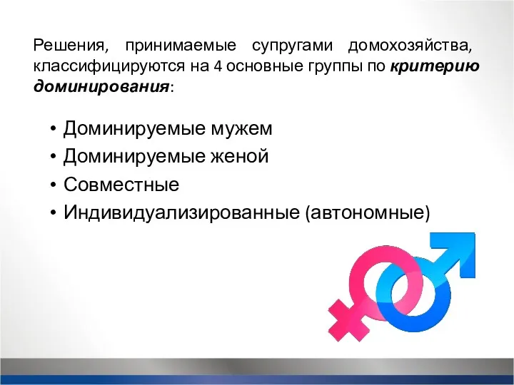 Решения, принимаемые супругами домохозяйства, классифицируются на 4 основные группы по