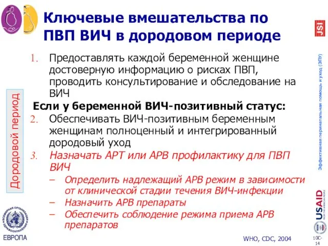 Ключевые вмешательства по ПВП ВИЧ в дородовом периоде Предоставлять каждой