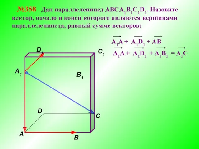 В A С C1 D1 №358 Дан параллелепипед АВСA1B1C1D1. Назовите