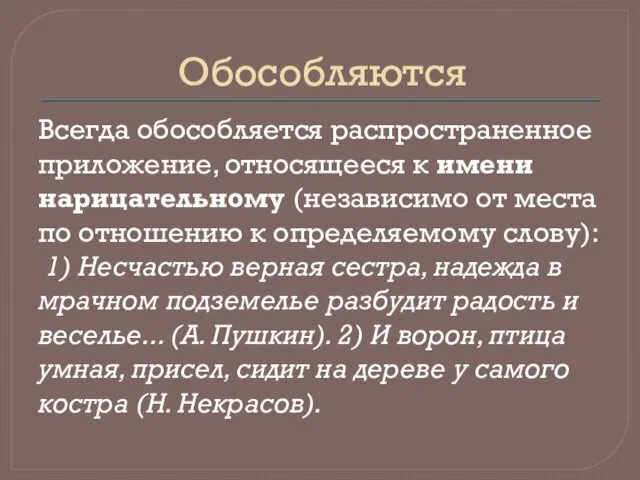 Обособляются Всегда обособляется распространенное приложение, относящееся к имени нарицательному (независимо