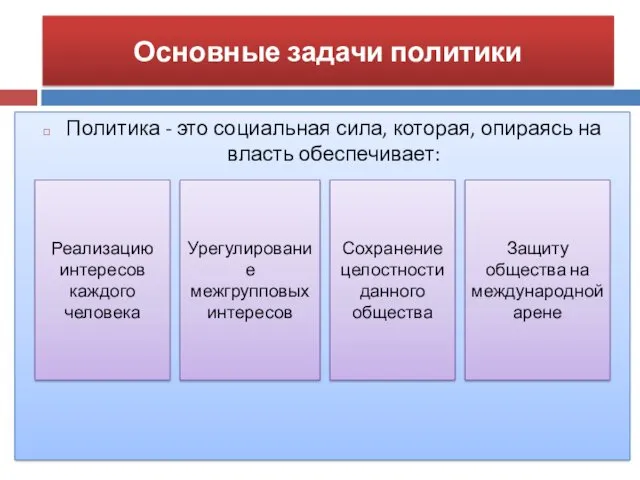 Основные задачи политики Политика - это социальная сила, которая, опираясь