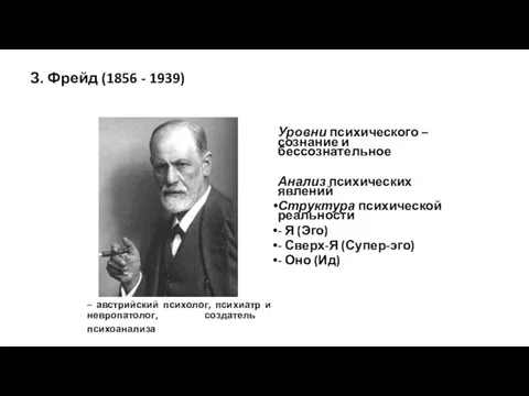 З. Фрейд (1856 - 1939) Уровни психического – сознание и