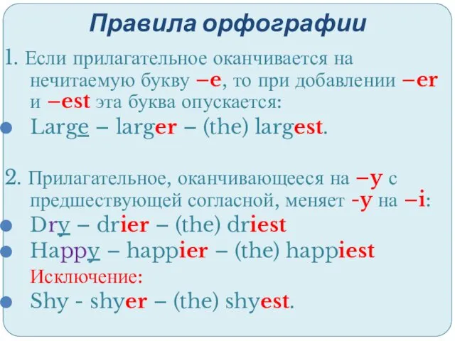 Правила орфографии 1. Если прилагательное оканчивается на нечитаемую букву –e,