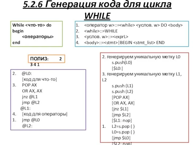 5.2.6 Генерация кода для цикла WHILE 2. генерируем уникальную метку