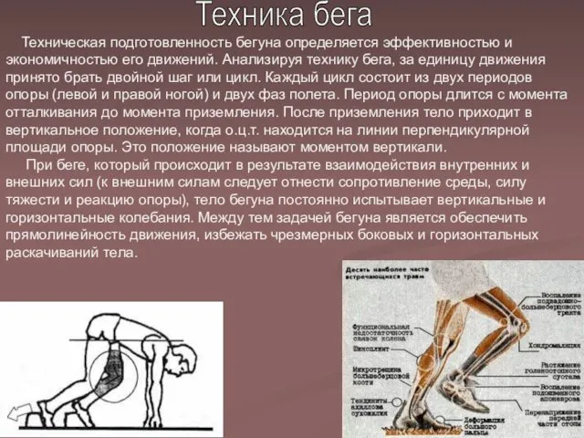 Техника бега Техническая подготовленность бегуна определяется эффективностью и экономичностью его