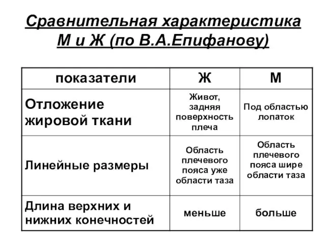 Сравнительная характеристика М и Ж (по В.А.Епифанову)