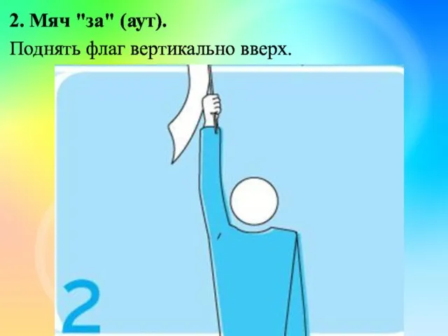 2. Мяч "за" (аут). Поднять флаг вертикально вверх.