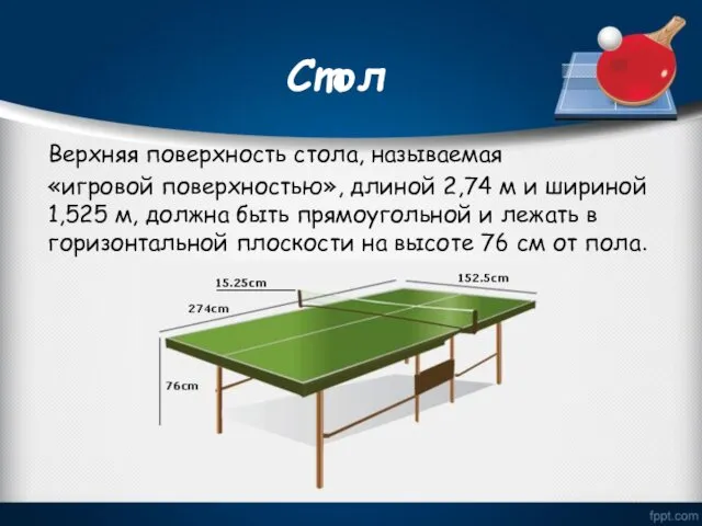 Стол Верхняя поверхность стола, называемая «игровой поверхностью», длиной 2,74 м и шириной 1,525