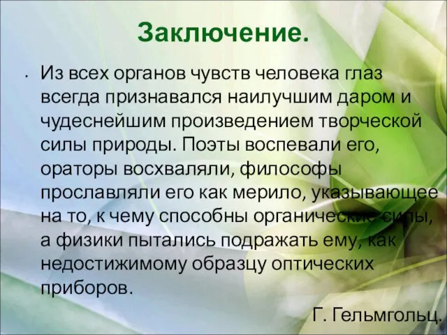 Заключение. Из всех органов чувств человека глаз всегда признавался наилучшим