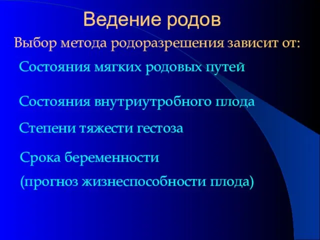 Ведение родов Выбор метода родоразрешения зависит от: Состояния мягких родовых