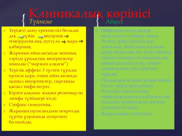 Түйнеме Терідегі даму ерекшелігі болады: дақ түйін көпіршік геморрагиялық пустула