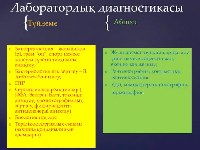 Түйнеме Бактериоскопия – жағындыда ірі, грам “оң”, спора немесе капсула