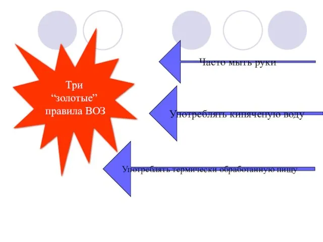 Три “золотые” правила ВОЗ Часто мыть руки Употреблять кипяченую воду Употреблять термически обработанную пищу