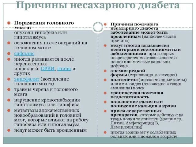 Причины несахарного диабета Поражения головного мозга: опухоли гипофиза или гипоталамуса