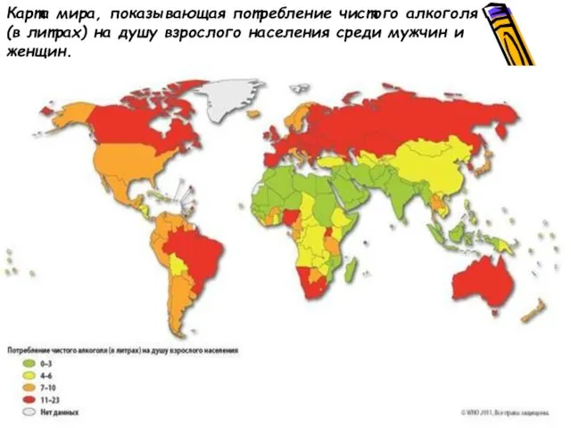 Карта мира, показывающая потребление чистого алкоголя (в литрах) на душу взрослого населения среди мужчин и женщин.