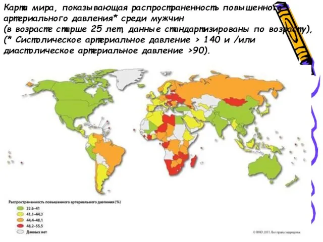 Карта мира, показывающая распространенность повышенного артериального давления* среди мужчин (в возрасте старше 25