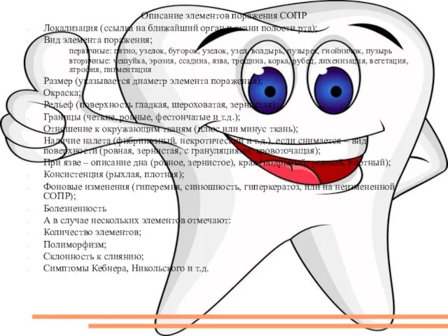 Описание элементов поражения СОПР Локализация (ссылка на ближайший орган и