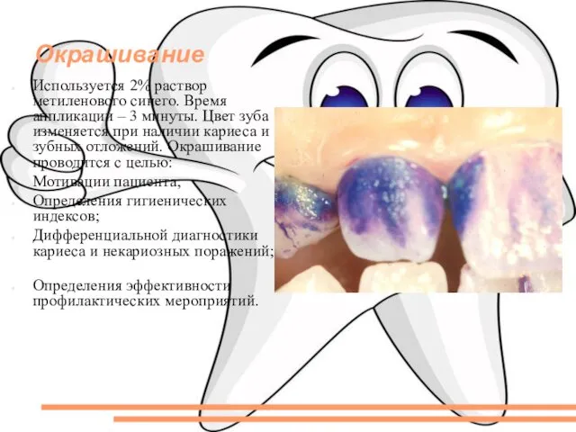 Окрашивание Используется 2% раствор метиленового синего. Время аппликации – 3