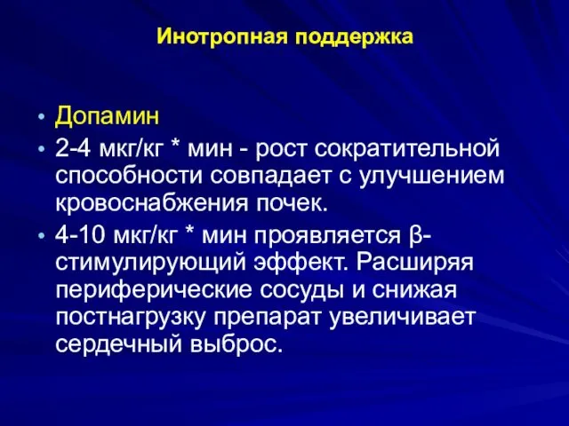 Инотропная поддержка Допамин 2-4 мкг/кг * мин - рост сократительной