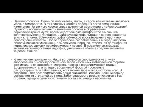 Патоморфология. Спинной мозг отечен, мягок, в сером веществе выявляются мелкие