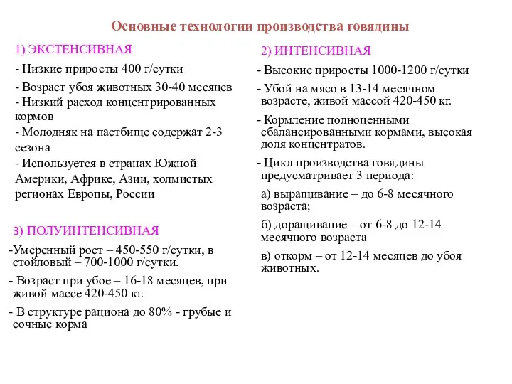 Основные технологии производства говядины 1) ЭКСТЕНСИВНАЯ - Низкие приросты 400