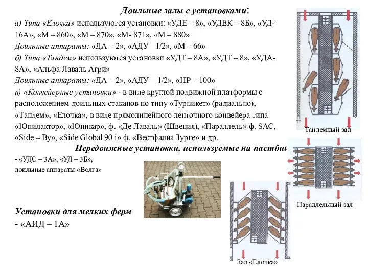 Доильные залы с установками: а) Типа «Елочка» используются установки: «УДЕ