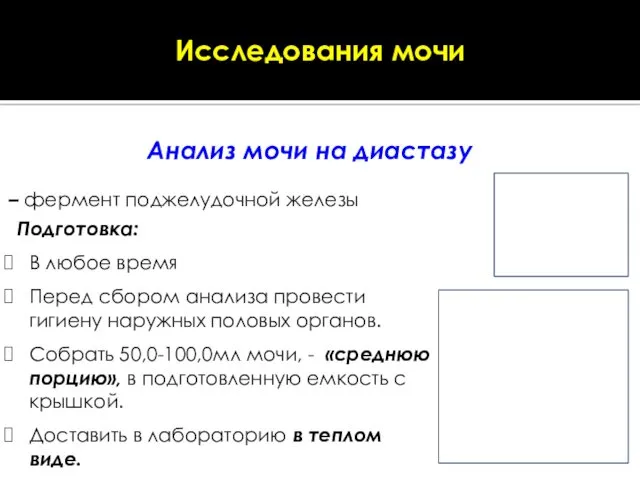 Исследования мочи Подготовка: В любое время Перед сбором анализа провести