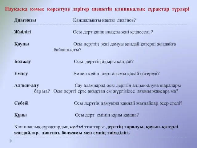 Науқасқа көмек көрсетуде дәрігер шешетін клиникалық сұрақтар түрлері Диагнозы Қаншалықты