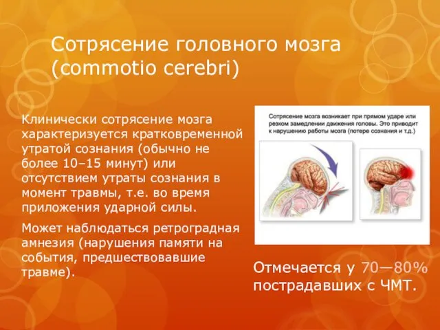 Сотрясение головного мозга (commotio cerebri) Клинически сотрясение мозга характеризуется кратковременной