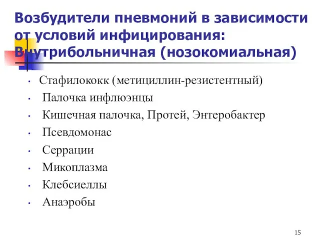 Возбудители пневмоний в зависимости от условий инфицирования: Внутрибольничная (нозокомиальная) Стафилококк