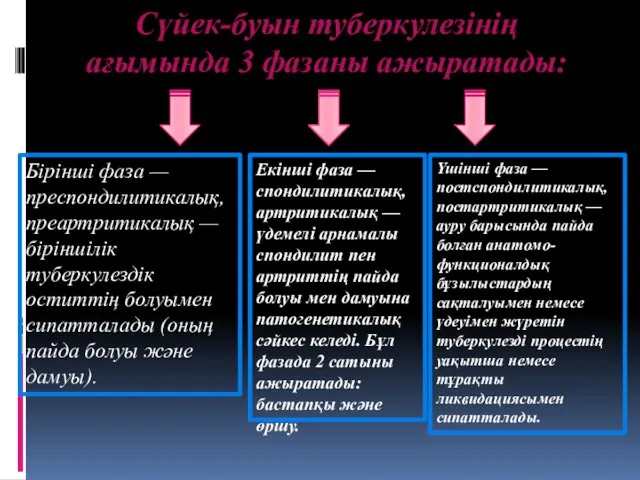 Сүйек-буын туберкулезінің ағымында 3 фазаны ажыратады: Бірінші фаза — преспондилитикалық,