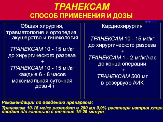 ТРАНЕКСАМ СПОСОБ ПРИМЕНЕНИЯ И ДОЗЫ Общая хирургия, травматология и ортопедия,