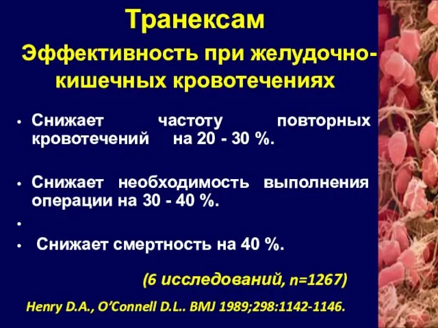 Транексам Эффективность при желудочно-кишечных кровотечениях Снижает частоту повторных кровотечений на