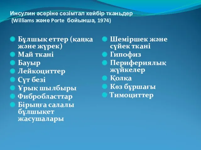 Инсулин әсеріне сезімтал кейбір тканьдер (Williams және Porte бойынша, 1974)